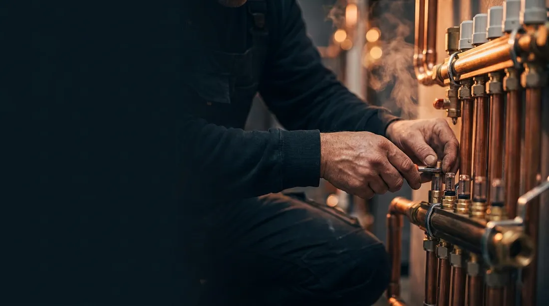 Meisterhand bei der Arbeit an einem Kupfer-Heizungsverteiler